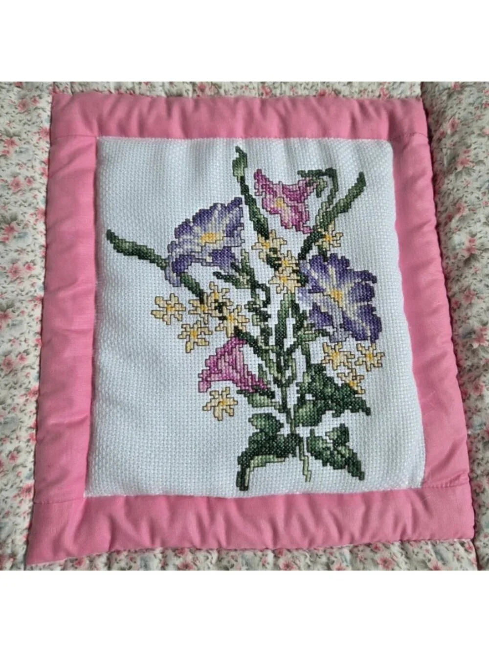Handmade Hand Cross Stitched Embroidered Pink Floral Quilted Wall Hanging READ